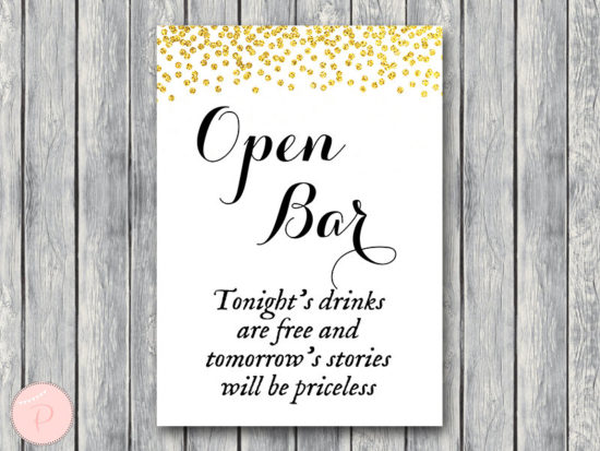 WD47c-Gold Open bar sign, Wedding Open bar Sign, Drinks are free