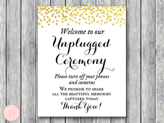 WD47c-Gold Unplugged Ceremony Sign, No phones or cameras