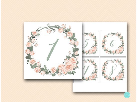 pink roses bridal shower Table Numbers Printable, DIY Table Number Sign