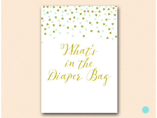tlc488m-whats-in-diaper-bag-sign-mint-gold-baby-shower-game