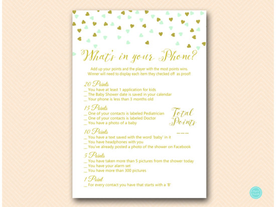 tlc488m-whats-in-your-phone-baby-mint-gold-baby-shower-game