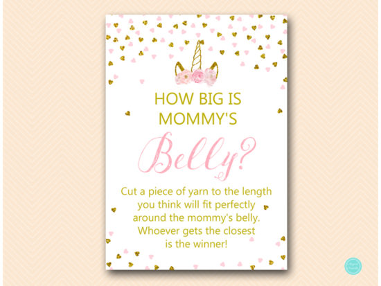 tlc556-how-big-is-mommys-belly-pink-gold-unicorn-baby-shower-game