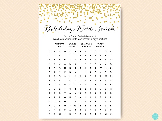 Gold Birthday Word Search Game