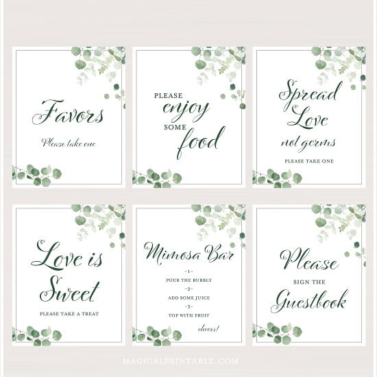 Eucalyptus greenery wedding table signs baby shower sign