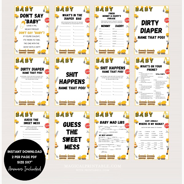 Construction Themed Baby Shower Games Package