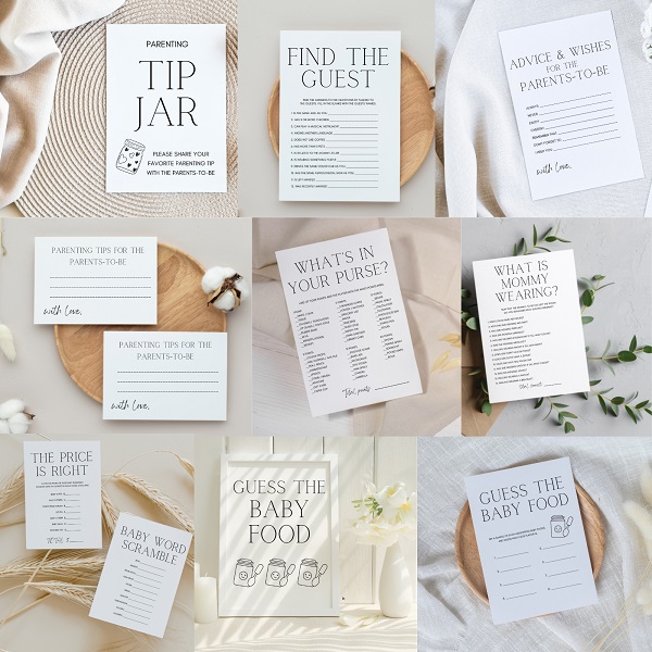 Modern Minimalist Baby Shower Games Bundle Printabell • Express