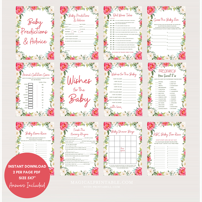 Peonies floral baby shower games instant download