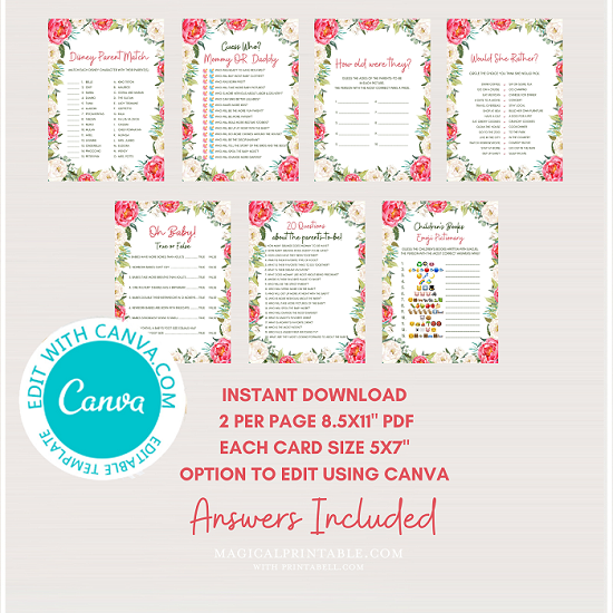 Peonies floral baby shower games printable - 550