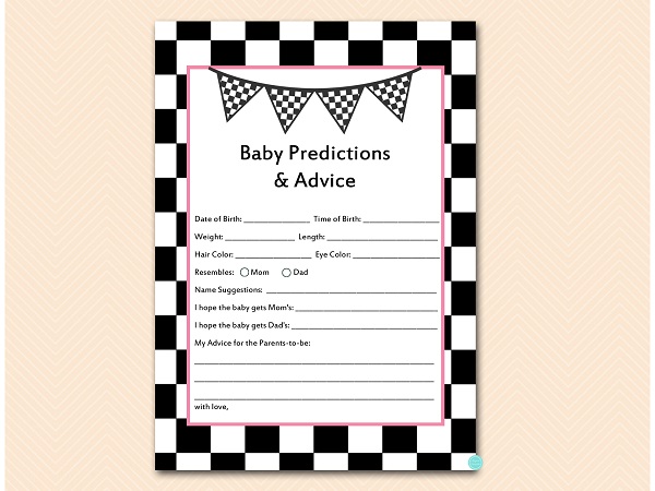 pink racing prediction-and-advice-cards-checkered-racing-car-baby-shower-game
