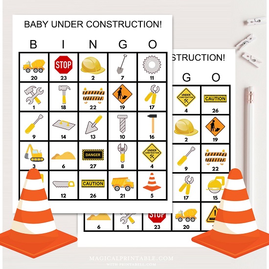baby under construction party bingo game printable