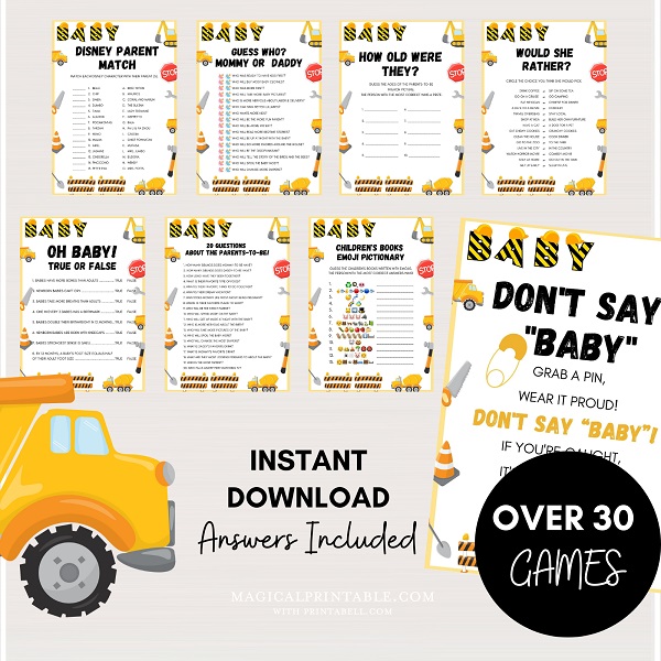 construction baby shower game bundle