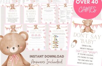 instant download Pink Teddy Bear Baby Shower Games Bundle