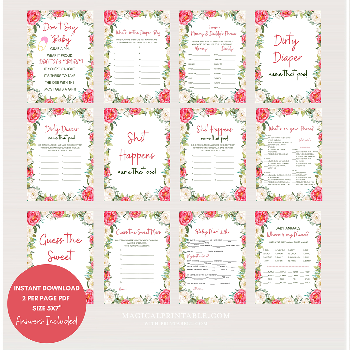 pink and ivory Peonies floral baby shower games bundle