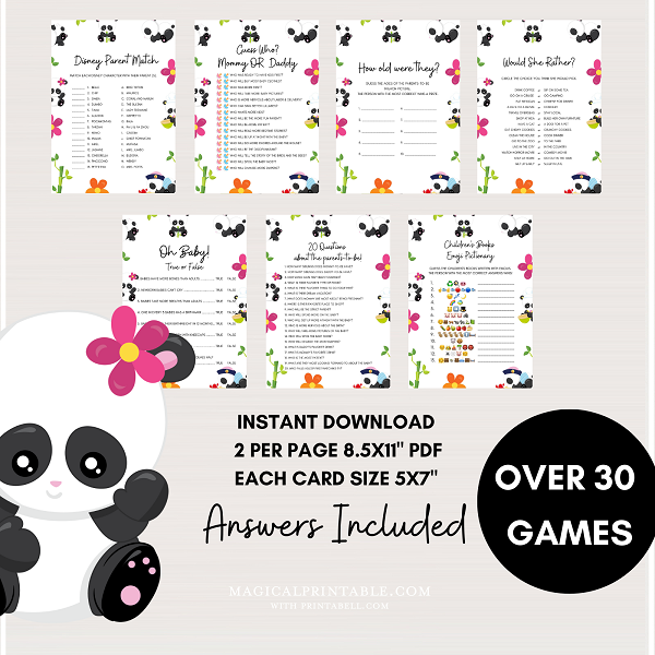 pink girl panda baby shower game printable