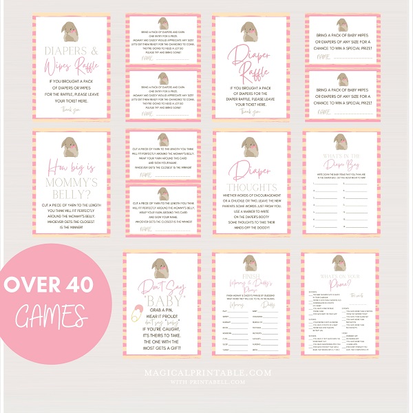 printable pink bunny baby shower games and signs