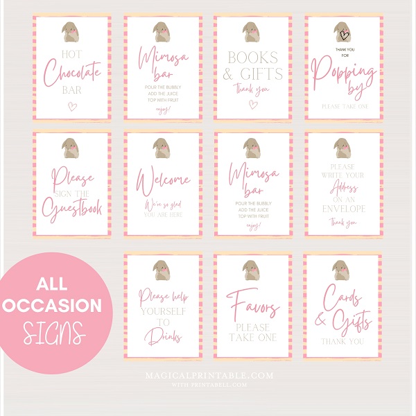 printable pink bunny baby shower table signs