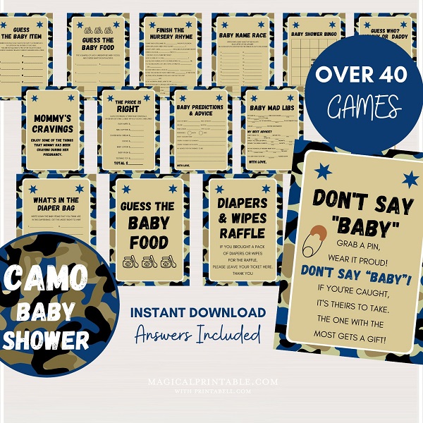 blue camo baby shower game templates