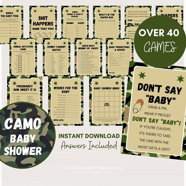 camo baby shower game bundle