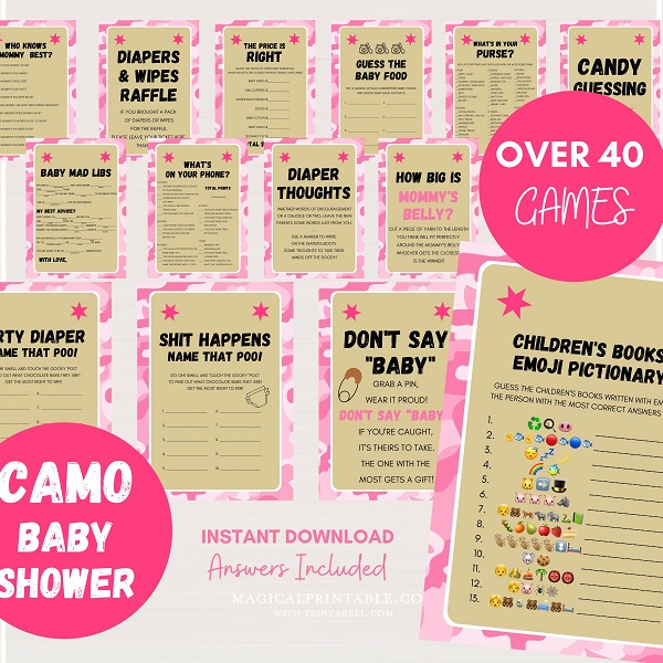 pink camo baby shower games printable