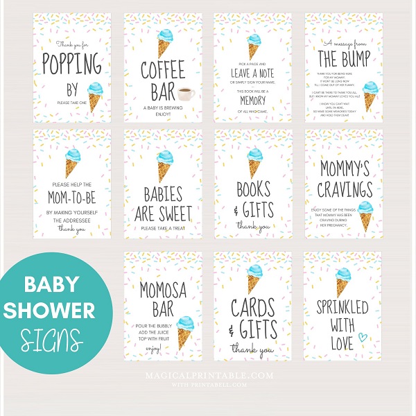 Blue ice cream baby sprinkle games and signs