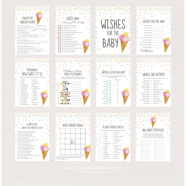 Ice Cream Sprinkle Baby Shower Games and Signs Bundle – Printabell