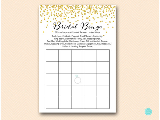 gold confetti bridal shower guests prefill bingo printabell express wedding bingo words