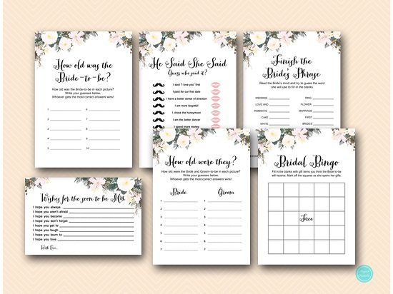 White floral bridal shower game printable package
