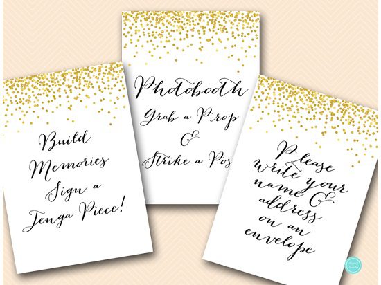 gold confetti bridal shower signs