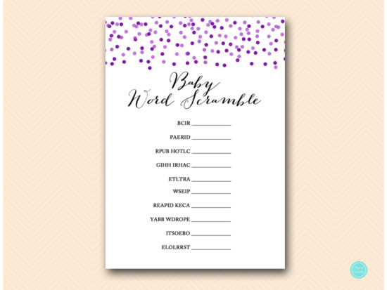 tlc424-scramble-baby-words-Purple Confetti Baby Shower Game Pack-coed