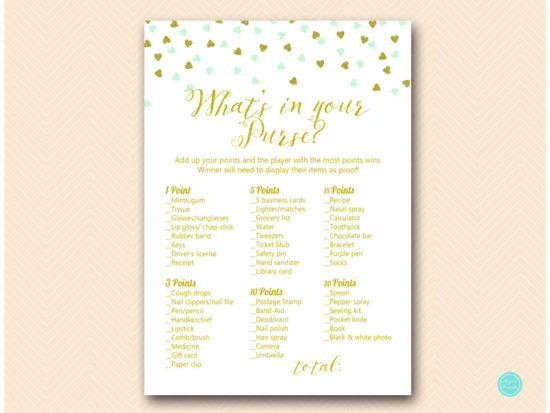 tlc488m-whats-in-your-purse-mint-gold-baby-shower-game