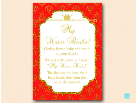 tlc110r-my-water-broke-5x7-red-and-gold-princess-baby-shower-game