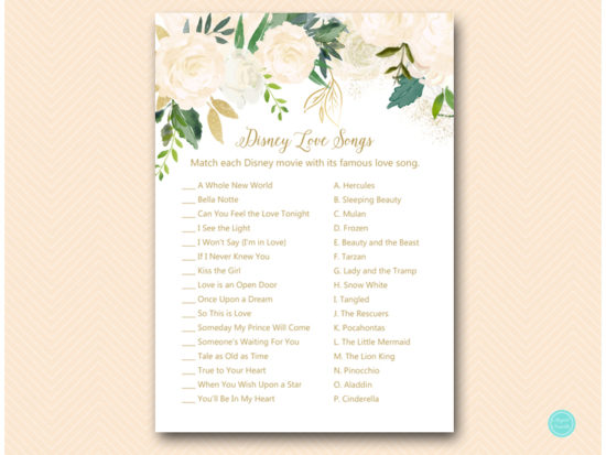 Bluff and Gold Disney Love Songs Match Game Bridal Shower – Printabell ...