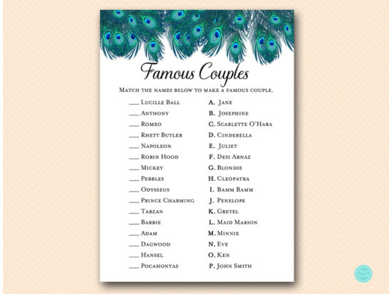 Free Printable Bridal Shower Games Famous Couples