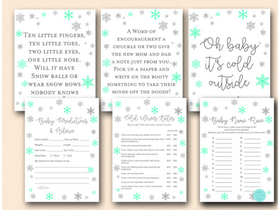 mint-silver-snowflakes-baby-shower-baby-baby-games-and-signs