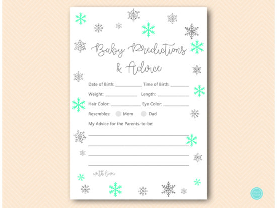 mint-silver-snowflakes-baby-shower-predictions-advice-card