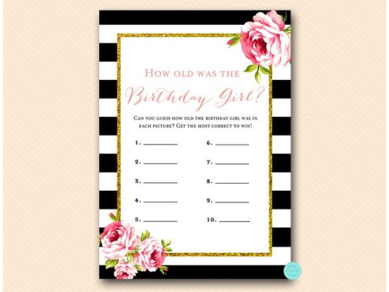 black stripes and gold glitter birthday party games package