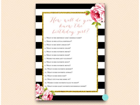 black stripes and gold glitter birthday party games package