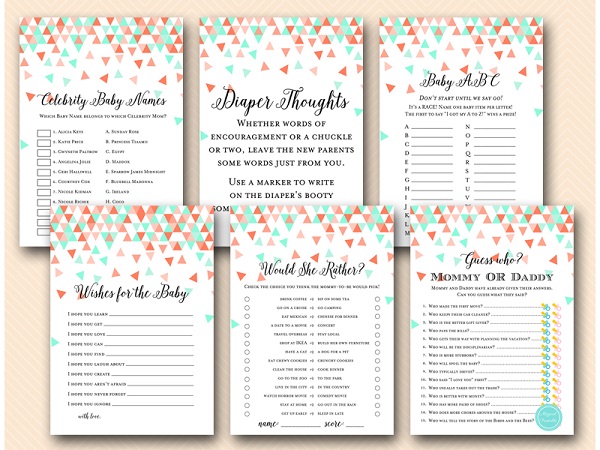 Mint And Coral Geometric Baby Shower Games Printabell Express
