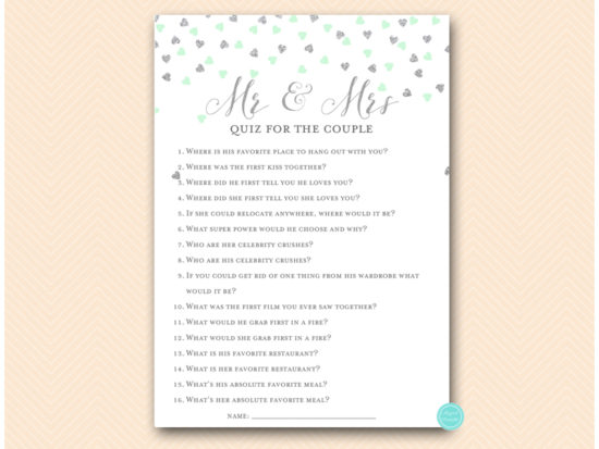 Silver And Mint Bridal Shower Pack Printabell Express Bs488sm Quiz For A Silver Mint Bridal Shower