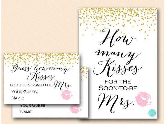 Bridal Shower Game - 'How Many Kisses' Sign & Cards With Gold Confetti Design