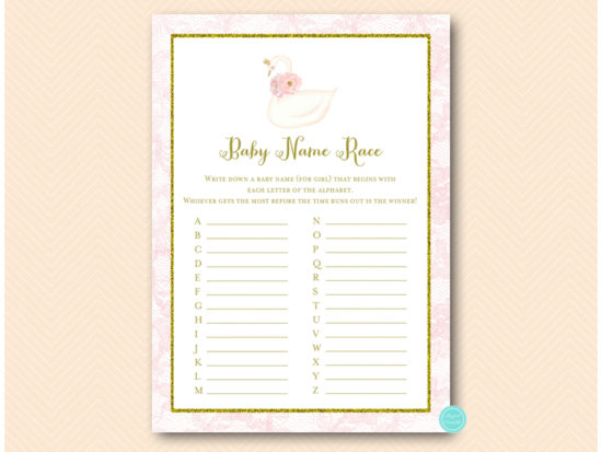 tlc627-baby-name-race-pink-gold-swan-baby-shower-game