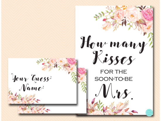 "How Many Kisses For The Soon-to-Be Mrs" Bridal Shower Game - 1 Sign & 30 Guess Cards, Floral White