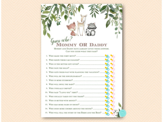 Who Knows Mommy Best Woodland Creatures Baby Shower Game 