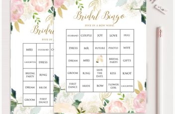 Blush Pink and Gold Bridal Shower Prefilled Bingo Cards
