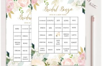 Blush Pink and Gold Bridal Shower Prefilled Bingo Cards