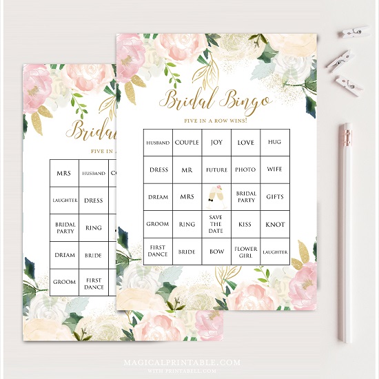 Blush Pink and Gold Bridal Shower Prefilled Bingo Cards