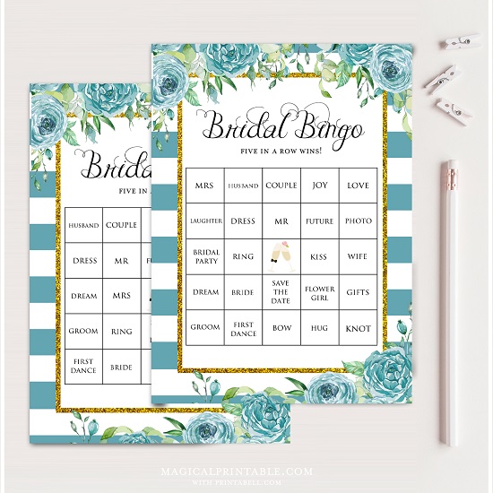 Teal Bridal Shower Prefilled Bingo Cards