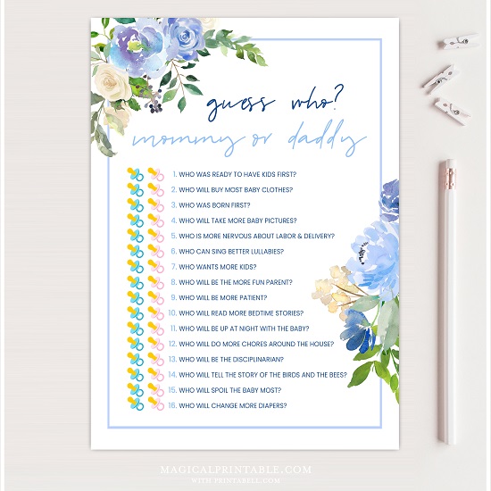 Elegant Blue Floral Baby Shower Games Bundle – Printabell • Express