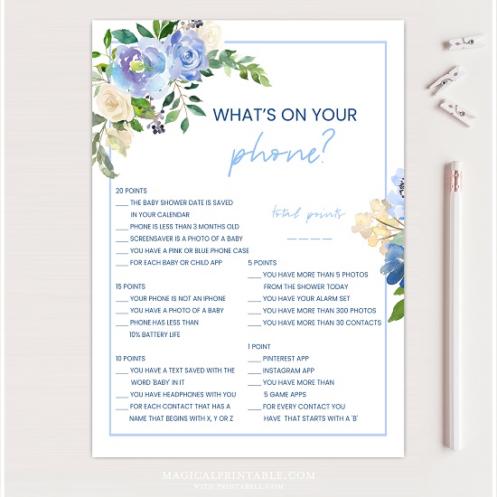Elegant Blue Floral Baby Shower Games Bundle – Printabell • Express