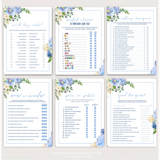 elegant blue floral bridal shower game bundle discount sm
